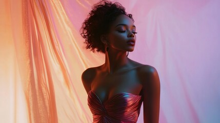 Canvas Print - Woman with Curly Hair Wearing a Strapless Dress in a Studio Setting