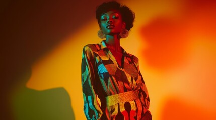 Canvas Print - A woman in a patterned shirt with colorful lighting