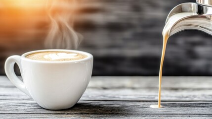 Close-up of a modern coffee machine pouring fresh espresso into a cup, with a dark, cozy coffee shop setting in the background.