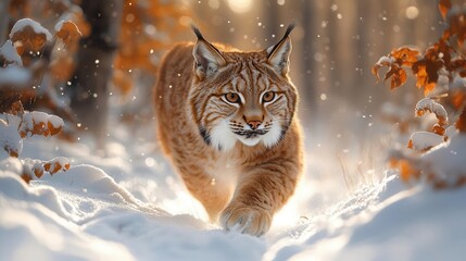 Wall Mural - lynx prowling stealthily through a serene snowladen forest fur glistening under soft winter sunlight crisp white snow contrasting with dark tree trunks an air of quiet anticipation