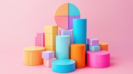 Poster - Colorful Geometric Shapes on Pink Background