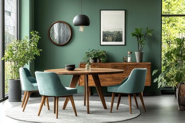 Mint color chairs at round wooden dining table in room with sofa and cabinet near green wall. Scandinavian, mid-century home interior design of modern living room.