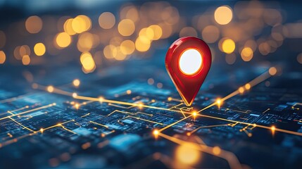 Poster - Glowing futuristic map pin with advanced AI technology interfaces, network grids, and holographic elements in a sleek design.