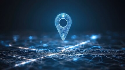 Poster - Glowing futuristic map pin with advanced AI technology interfaces, network grids, and holographic elements in a sleek design.