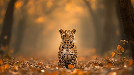 A baby leopard is standing in the woods. The leaves on the ground are orange and brown