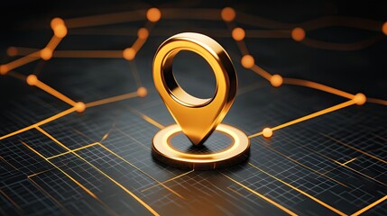 Poster - Map pin icon in a futuristic AI tech environment, surrounded by digital data points, grids, and neon lights.