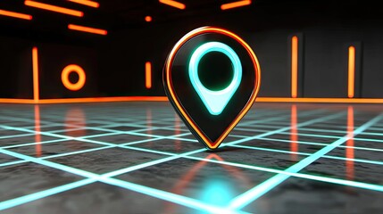 Poster - Map pin icon in a futuristic AI tech environment, surrounded by digital data points, grids, and neon lights.