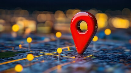 Poster - Map pin icon in a futuristic AI tech environment, surrounded by digital data points, grids, and neon lights.