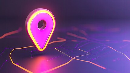 Poster - Neon map pin glowing on a futuristic map interface, with AI-driven data overlays and grid lines representing technology innovation.
