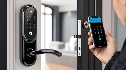 Closeup of a woman's finger entering password code on the smart phone and digital touch screen keypad entry door lock in front of a hotel room or apartment, Modern security, Smart device concept (16)