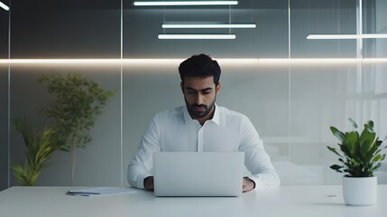 Poster - A businessman working on a laptop in a modern office