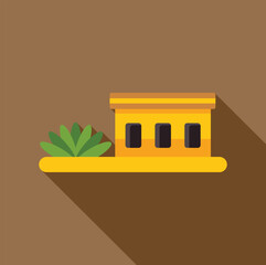 Poster - minimalist vector illustration featuring a yellow building standing on brown ground with a green bus