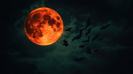 Wall Mural - Halloween, Blood Moon ,Red moon, real full blood moon with bats in black sky with cloud