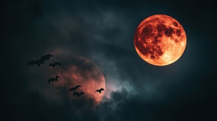 Wall Mural - Halloween, Blood Moon ,Red moon, real full blood moon with bats in black sky with cloud