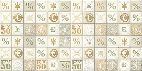 Minimalist tiles with abstract currency and discount icons concept as A seamless minimalist tile pattern featuring abstract icons of various currencies and discount symbols. The simple and elegant des