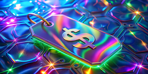 holographic price tag with glowing currency symbols and copy space concept as an artistic image of a