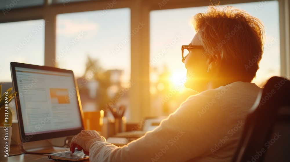 A backlit woman works on a desktop computer with sunlight flooding the ...
