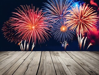 Firework display in the dark sky with bright lights, festive celebration for New Year 2025, blurred wooden surface in the background, colorful explosions in winter holiday, empty product advertise (5)