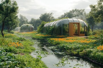 Two modern, curved glass houses with wooden frames, set in a field of wildflowers alongside a babbling brook, with a misty background.