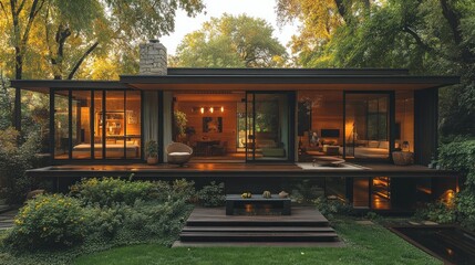 Modern house with large windows and a wooden deck.