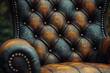 Close-up of a brown leather armchair with tufted upholstery and brass buttons.