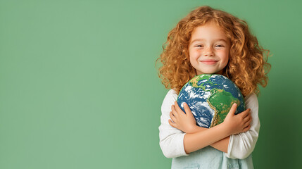 A young child hugging a planet earth model. Protecting environment