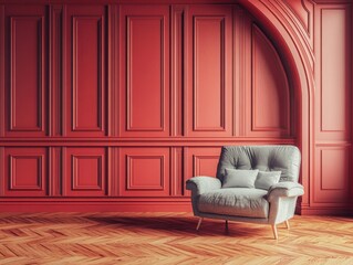 modern red velvet armchair in living room with dark wooden paneling