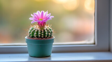 Wall Mural - Blooming Pink Cactus Flower in a Teal Pot on a Windowsill