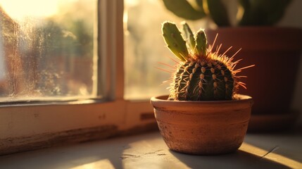 Wall Mural - Close-up of a cactus in a terracotta pot with a window behind it