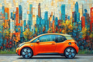 An orange electric car parked in front of a colorful city skyline mural.