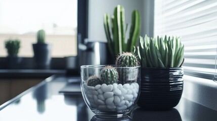 Wall Mural - A close-up of potted cacti and succulents on a countertop