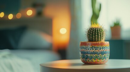 Wall Mural - A Close-up of a Cactus in a Colorful Pot on a Table