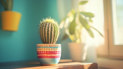 Wall Mural - A Cactus in a Colorful Pot with a Blurred Background