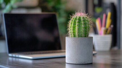 Wall Mural - A Small Cactus in a Concrete Pot on a Table Beside a Laptop