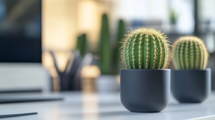 Wall Mural - Two Small Cactus Plants in Black Pots on White Table