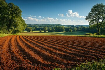 A freshly tilled field with rows of soil, ready for planting, in a rural landscape with trees and a blue sky.