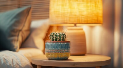 Wall Mural - Cactus Plant in Decorative Pot on Wooden End Table