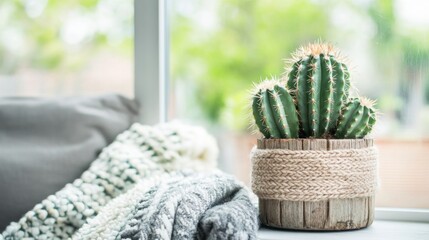 Wall Mural - Cactus Plant in a Wooden Pot with Knitted Trim on Window Sill