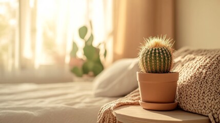 Wall Mural - A Cactus Plant Resting on a Wooden Table Near a Bed