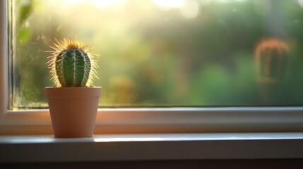 Wall Mural - A potted cactus in a windowsill with a blurry background