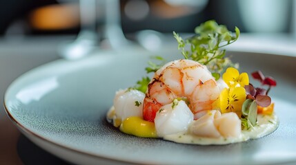 A gourmet summer tasting menu featuring fresh seafood and vibrant seasonal fruits arranged elegantly in a fine dining restaurant