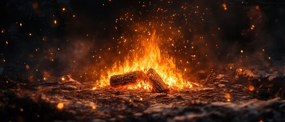 Warm glow of a campfire at night in the woods