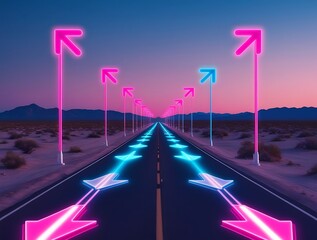 Neon glowing arrows on the asphalt road passing through the desert with mountains. Straight ahead way concept, path to success direction, business career future guidance, journey to the destination (1