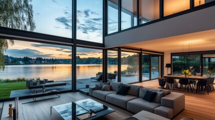 Poster - Modern living room with floor-to-ceiling windows overlooking a lake at sunset