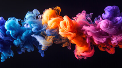 Wall Mural - An element for the design. Underwater colorful watercolor ink creates a colorful thick plume of billowing smoke. A mix of blue, orange, pink and purple colors on a black background