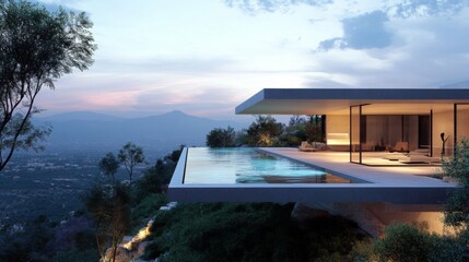 Poster - Modern Cliffside Home with Infinity Pool Overlooking a Cityscape