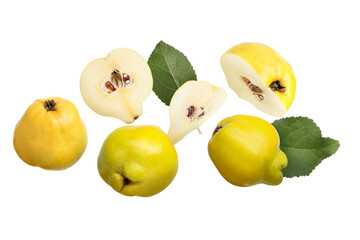 Wall Mural - Fresh quinces and green leaves flying on white background