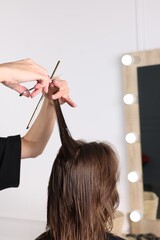 Wall Mural - Hairdresser cutting client's hair with scissors in salon, closeup