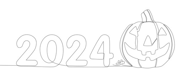 Poster - One continuous line of number 2024 and Halloween Jack O' Lantern pumpkin. Thin Line Illustration vector concept. Contour Drawing Creative ideas.
