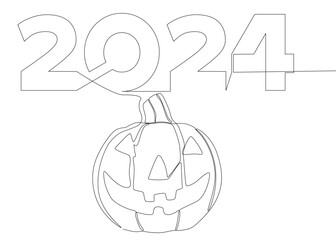 Poster - One continuous line of number 2024 and Halloween Jack O' Lantern pumpkin. Thin Line Illustration vector concept. Contour Drawing Creative ideas.